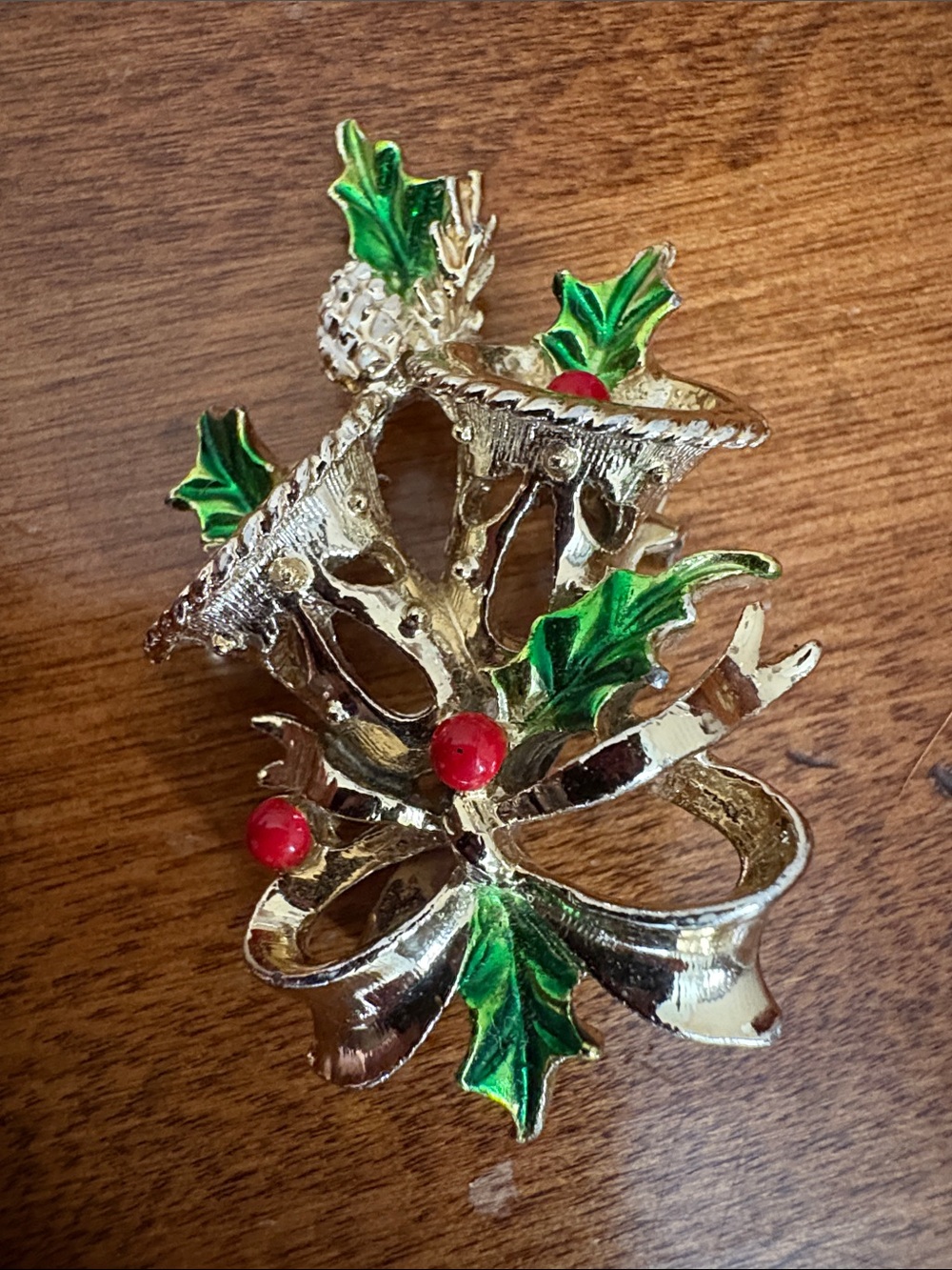 Vintage Gold Holly Leaf Brooch with Green Leaves and Red Berries